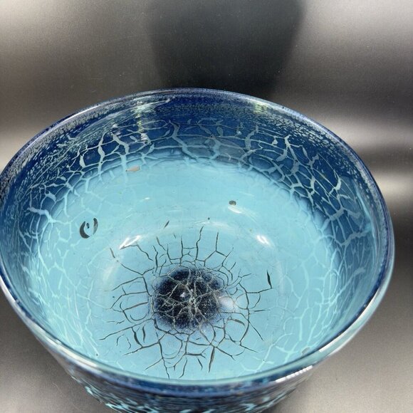 1987 Hand Blown Art Glass Large Bowl Dish Lava Glaze Finish Blue Black Signed - Picture 10 of 16